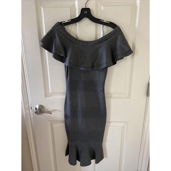 NEW Endless Rose Women's Knit Midi Bodycon Dress Gray S Off-the-Shoulder Ruffle - Picture 2 of 10